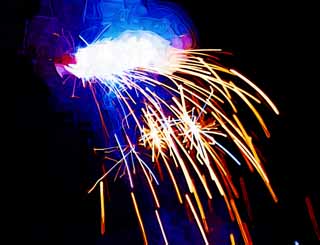 Illust, materieel, vrij, landschap, schilderstuk, schilderstuk, kleuren potlood, crayon, werkje,De lichtstraal van de vuurwerk, Vuurwerk, Kruit, Toneelstuk, Speelbal