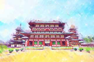 illust, material, livram, paisagem, quadro, pintura, lpis de cor, creiom, puxando,Templo de Yakushi-ji, Eu sou pintado em vermelho, O Buda de curar, Monastrio budista, Chaitya