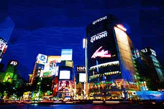 illust, materiale, libero panorama, ritratto dipinto, matita di colore disegna a pastello, disegnando,Notte di Shibuya, Il centro, QFRONT, Shibuya 109, Neon