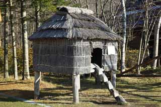 fotografia, materiale, libero il panorama, dipinga, fotografia di scorta,Il deposito di cibo di Ainu, Ainu, Architettura di tradizione, Paglia, Il deposito di conservazione