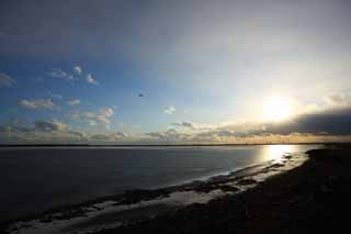 Foto, materieel, vrij, landschap, schilderstuk, bevoorraden foto,Plas Uto Ney, Vochtigheid maalde, Een vliegtuig, Koud, Blauwe lucht