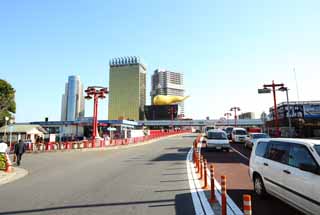 Foto, materiell, befreit, Landschaft, Bild, hat Foto auf Lager,Landschaft von Azumabashi, Asakusa, Philippe Starck, gepflasterte Strae, Auto