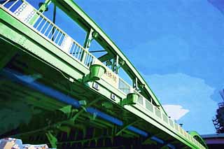 illust, material, livram, paisagem, quadro, pintura, lpis de cor, creiom, puxando,Uma ponte estvel, ponte, Sumida Rio descida, Uma ponte frrea, Trfico