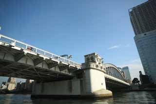 fotografia, materiale, libero il panorama, dipinga, fotografia di scorta,Un gridi di ponte di vittoria, ponte, Discesa di Fiume di Sumida, Un ponte di ferro, Traffico