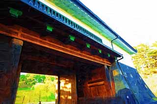 illustration,material,free,landscape,picture,painting,color pencil,crayon,drawing,Imperial Palace Sakurada-mon Gate, Ishigaki, palace, Watari passage under a turret, Edo-jo Castle