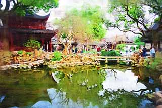illust, matire, libre, paysage, image, le tableau, crayon de la couleur, colorie, en tirant,Yuyuan jardinent, Joss logent le jardin, , Style de la nourriture chinois, tang