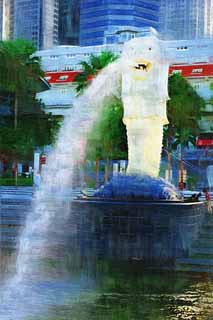 illustration,material,free,landscape,picture,painting,color pencil,crayon,drawing,Merlion, Singapure, Merlion park, mermaid, Ancient city