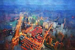 illust, material, livram, paisagem, quadro, pintura, lpis de cor, creiom, puxando,Desenvolvimento de Shanghai, farol, Pudong rea nova, Um apartamento, arranha-cu