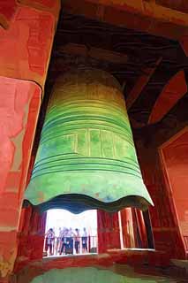 illustration,material,free,landscape,picture,painting,color pencil,crayon,drawing,A bell tower of Beijing, bell tower, Keijo, The time signal, Striking a bell