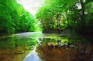 illust, material, livram, paisagem, quadro, pintura, lpis de cor, creiom, puxando,Parque de pssaro de lago, Transparence, Nvoa matutina, fonte, floresta de virgem