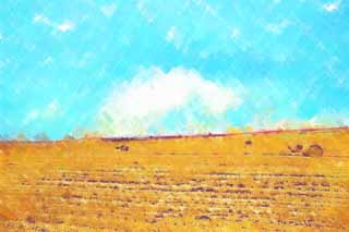 illust, matire, libre, paysage, image, le tableau, crayon de la couleur, colorie, en tirant,Un rouleau d'herbe, champ, rouleau d'herbe, Le pays, dcor rural