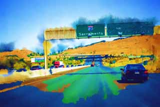 illust, material, livram, paisagem, quadro, pintura, lpis de cor, creiom, puxando,Uma rodovia, rodovia, Asfalto, carro, classifique separao