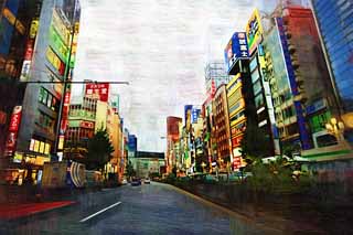 illust, material, livram, paisagem, quadro, pintura, lpis de cor, creiom, puxando,Kabukicho, Shinjuku, restaurante, tabuleta, Modos e alfndegas, Iluminaes