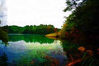 illust, material, livram, paisagem, quadro, pintura, lpis de cor, creiom, puxando,Lago Bishamon, floresta, lagoa, Cerleo azul, Mt. Bandai-san