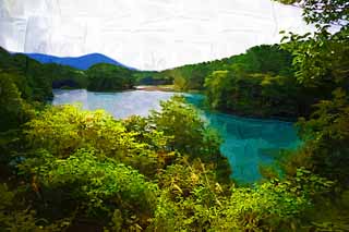 illust, material, livram, paisagem, quadro, pintura, lpis de cor, creiom, puxando,Lago Bishamon, floresta, lagoa, Cerleo azul, Mt. Bandai-san