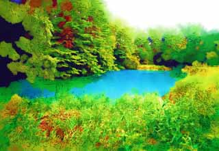 illust, matire, libre, paysage, image, le tableau, crayon de la couleur, colorie, en tirant,Aonuma, fort, tang, Bleu azur, Mt. Bandai-san