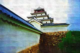 illustration,material,free,landscape,picture,painting,color pencil,crayon,drawing,The young Matsushiro castle tower, moat, Ishigaki, Kurokawa Castle, Ujisato Gamo