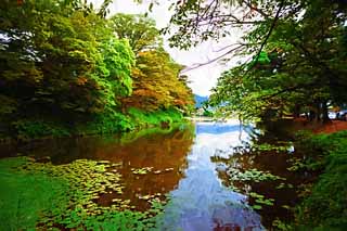 illustration,material,free,landscape,picture,painting,color pencil,crayon,drawing,Young Matsushiro moat, moat, Ishigaki, Kurokawa Castle, Ujisato Gamo