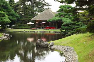 foto,tela,gratis,paisaje,fotografa,idea,Oyaku - en palacio de cabina de descanso de jardn, Paraguas de suma, Edificio japons -style, Habitacin de ceremonia del t, Estacin de descanso