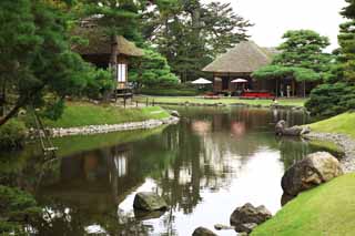 Foto, materiell, befreit, Landschaft, Bild, hat Foto auf Lager,Oyaku-en Garden, der Httenpalast lehnt, zhlen Sie Schirm zusammen, Japanisch-Stilgebude, Tee-Zeremonienzimmer, Ruhenstation