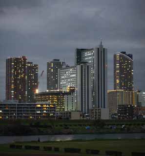 Foto, materieel, vrij, landschap, schilderstuk, bevoorraden foto,Musashikosugi, Hoog appartement, Avond uitzicht, Bij donker, Wolk