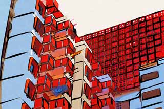 illust, material, livram, paisagem, quadro, pintura, lpis de cor, creiom, puxando,Um apartamento, casa, Alojamento de Multifamily, casa de edifcio alto, Vermelho