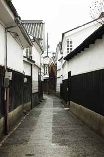 Foto, materiell, befreit, Landschaft, Bild, hat Foto auf Lager,Kurashiki-Gasse, Traditionelle Kultur, Traditionsarchitektur, Das Pflaster, wall deckte mit quadratischen Ziegeln und verband mit grogezogenem Pflaster