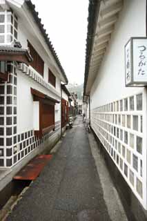 Foto, materiell, befreit, Landschaft, Bild, hat Foto auf Lager,Kurashiki-Gasse, Traditionelle Kultur, Traditionsarchitektur, Das Pflaster, wall deckte mit quadratischen Ziegeln und verband mit grogezogenem Pflaster