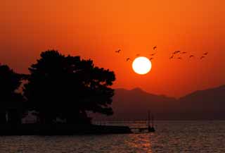 photo,material,free,landscape,picture,stock photo,Creative Commons,The setting sun of Lake Shinji-ko, The sun, The surface of the water, Bride Island, 100 selections of Japanese setting sun