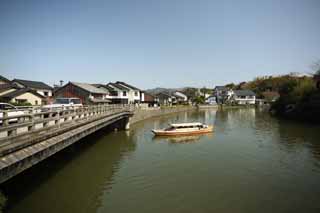 Foto, materieel, vrij, landschap, schilderstuk, bevoorraden foto,Matsue-jo Kasteel, Bezoekende touristenplaats schip, Brug, Moat, Ishigaki